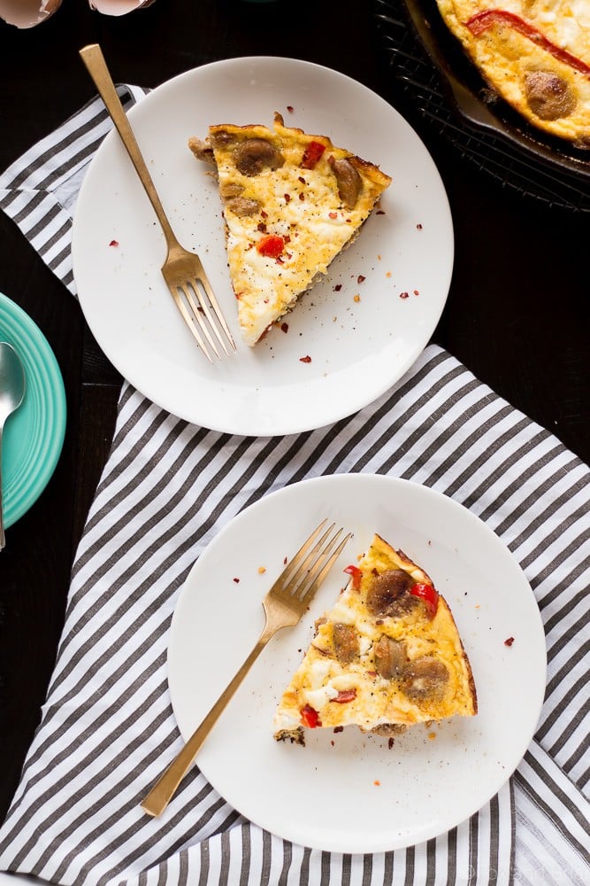 This Sausage, Red Pepper and Goat Cheese Frittata makes an easy, one pan dinner or breezy brunch. High protein, low carb, gluten free and easy to make! #sponsored