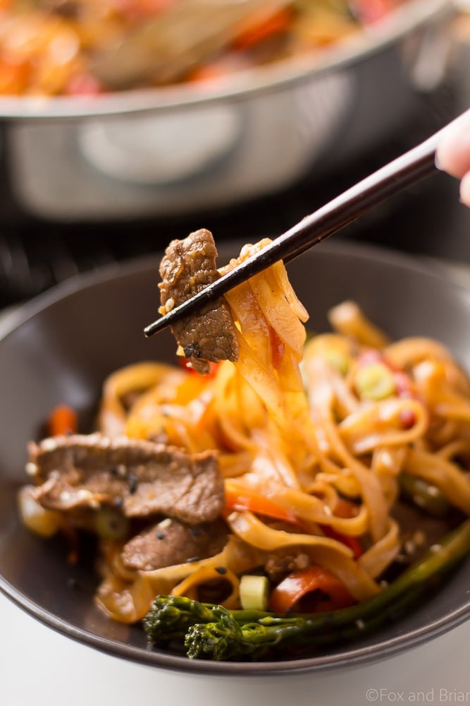 This quick and easy Beef Noodle Stir Fry takes under 30 minutes and is easily made gluten free! Full of veggies, beef and a flavorful sauce, your whole family will love it!