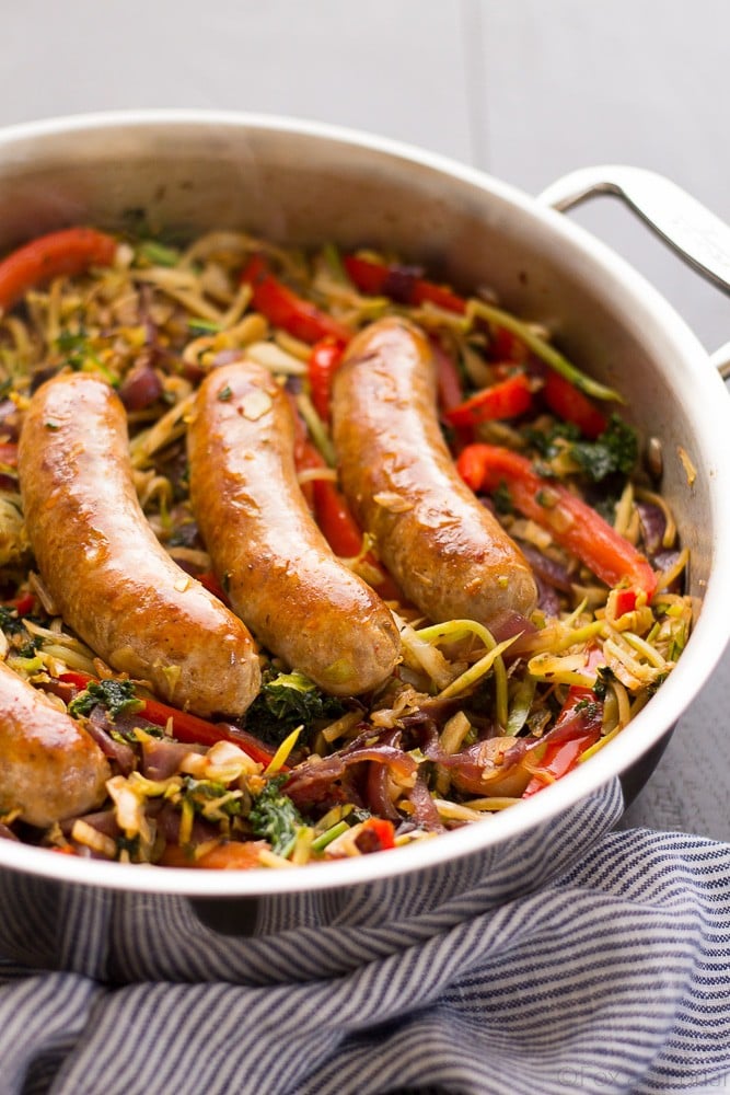 This One Pot Paleo Sausage and Slaw Skillet the perfect weeknight dinner! A little shortcut makes it super quick and easy, plus it is paleo, whole 30, gluten free and low carb.