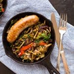 This One Pot Paleo Sausage and Slaw Skillet the perfect weekend dinner! A little shortcut makes it super quick and easy, plus it is paleo, whole 30, gluten free and low carb.