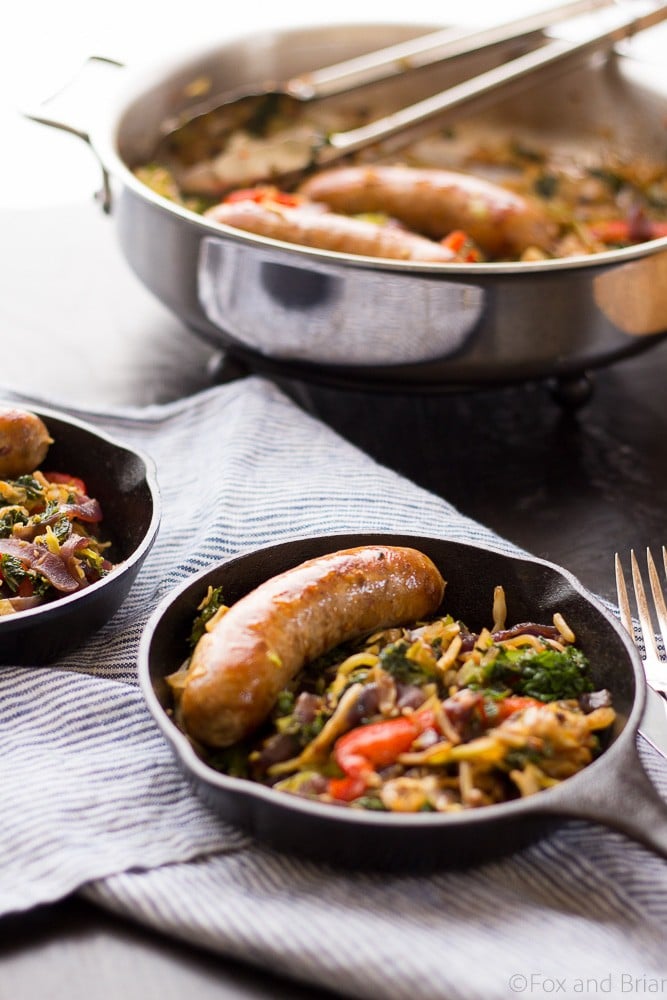 This One Pot Paleo Sausage and Slaw Skillet the perfect weeknight dinner! A little shortcut makes it super quick and easy, plus it is paleo, whole 30, gluten free and low carb.