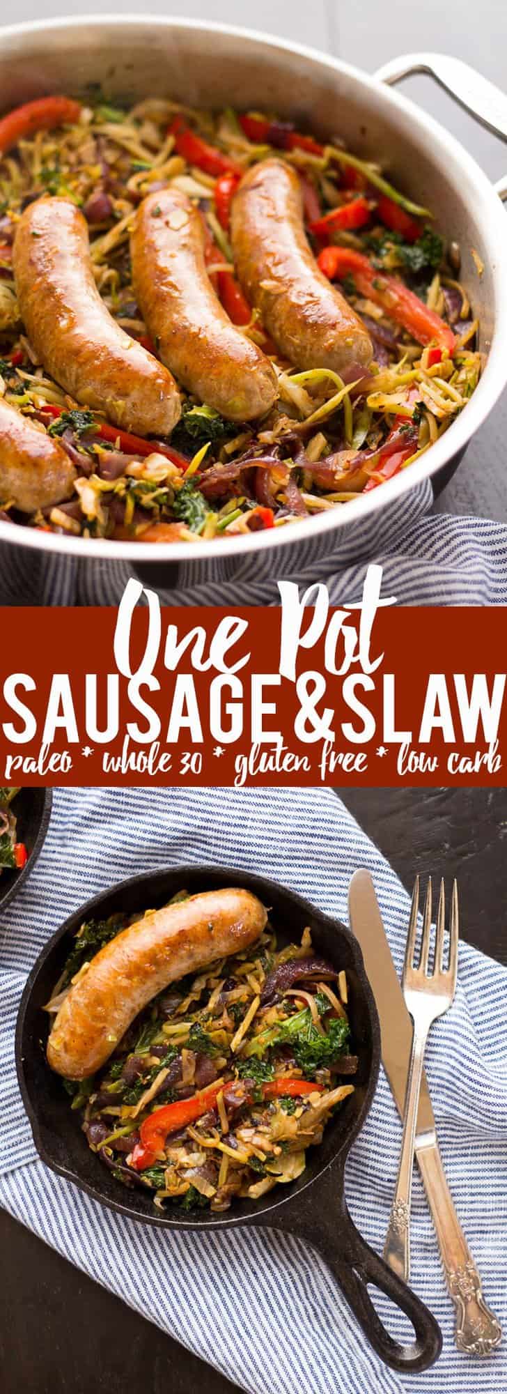 This One Pot Paleo Sausage and Slaw Skillet the perfect weeknight dinner! A little shortcut makes it super quick and easy, plus it is paleo, whole 30, gluten free and low carb.