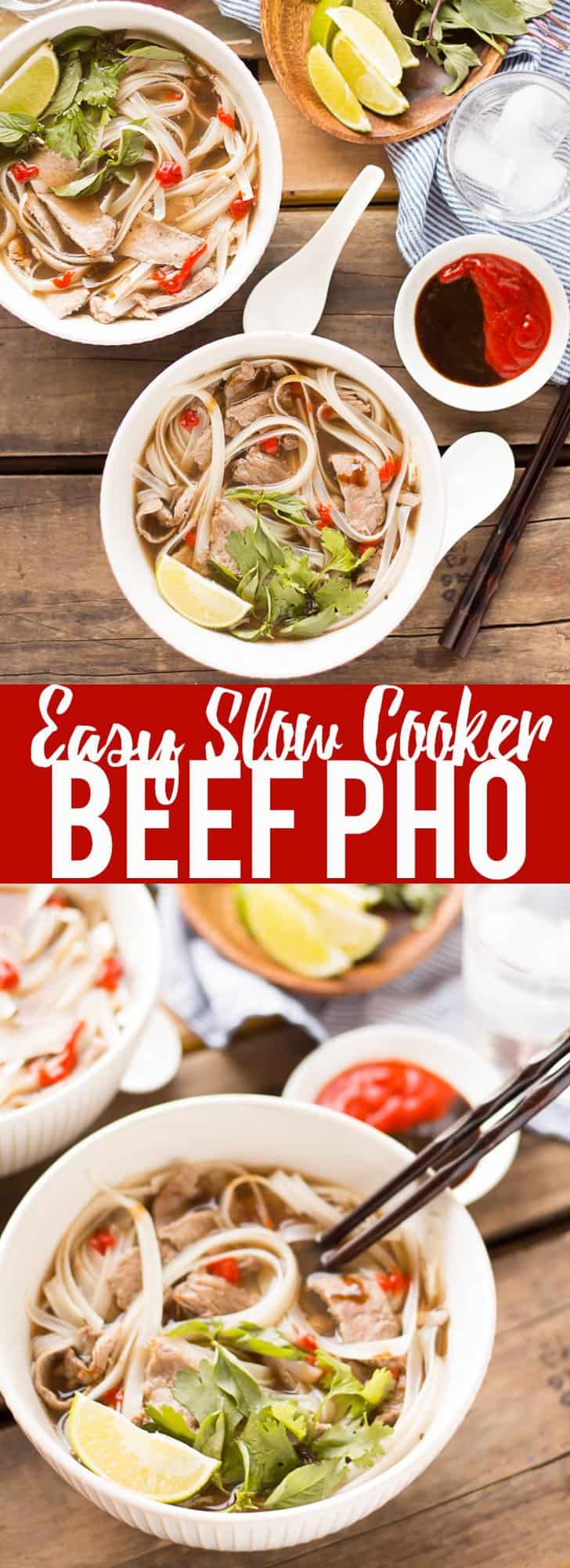 This easy Slow Cooker Beef Pho simmers away all day, creating a flavorful broth that you and your family can enjoy on a cold day! #sponsored