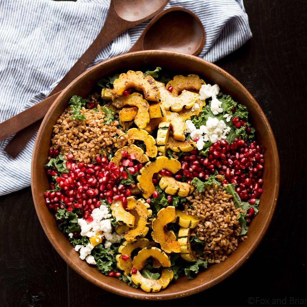 This Autumn Harvest Salad uses the beautiful produce available as the months start to get colder, such as delicata squash, kale, and pomegranates, as well as farro and goat cheese to make a hearty cold weather salad. Then it is all tossed together with a maple apple cider vinaigrette! #ad