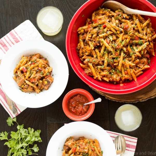 This Chicken Taco Pasta dish takes less than 30 minutes to make and is packed full of flavors that the whole family will love!