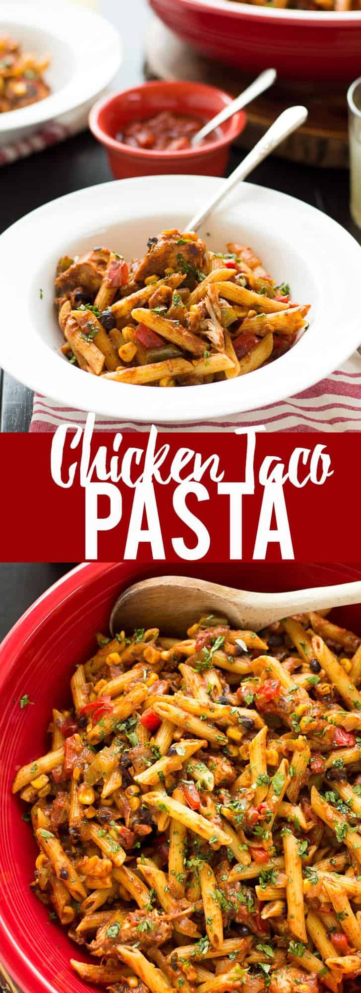 This Chicken Taco Pasta dish takes less than 30 minutes to make and is packed full of flavors that the whole family will love! #ad #HealthyPastaMonth