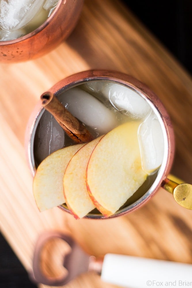 This Apple Cider Irish Mule is a fall twist on the classic! Apple Cider, ginger beer and whiskey make an Autumn cocktail to cozy up with on a cold day!