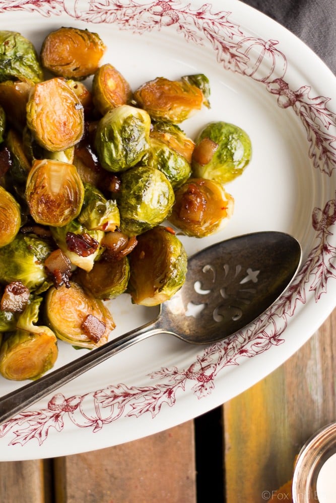 These Maple Bacon Roasted Brussels Sprouts are sweet, smoky, and spicy. They are the perfect winter or holiday side dish!