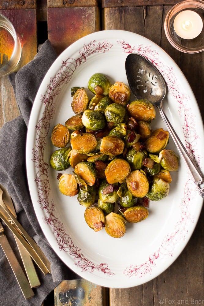 These Maple Bacon Roasted Brussels Sprouts are sweet, smoky, and spicy. They are the perfect winter or holiday side dish!