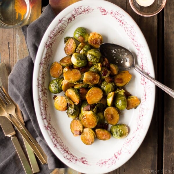 These Maple Bacon Roasted Brussels Sprouts are sweet, smoky, and spicy. They are the perfect winter or holiday side dish!