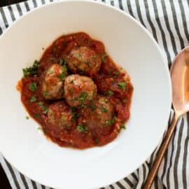 These Make Ahead Meatballs are a life saver! Make a big batch and freeze them. Then at dinner time you just need to reheat and eat! Even better, they are Paleo, Gluten Free and Whole 30 compliant!