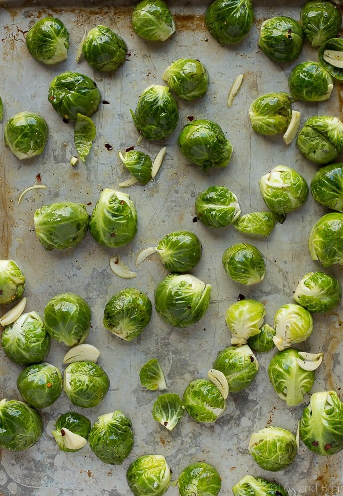 These Roasted Shrimp and Brussels Sprouts are a quick and easy dinner. Lemon and garlic make this a flavorful sheet pan dinner you can make in about 20 minutes!