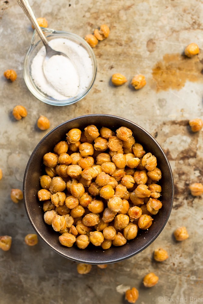 These Crispy Truffle Roasted Chickpeas are an addictive snack that is high in protein and fiber and low in carbs. Great for an evening snack instead of popcorn.