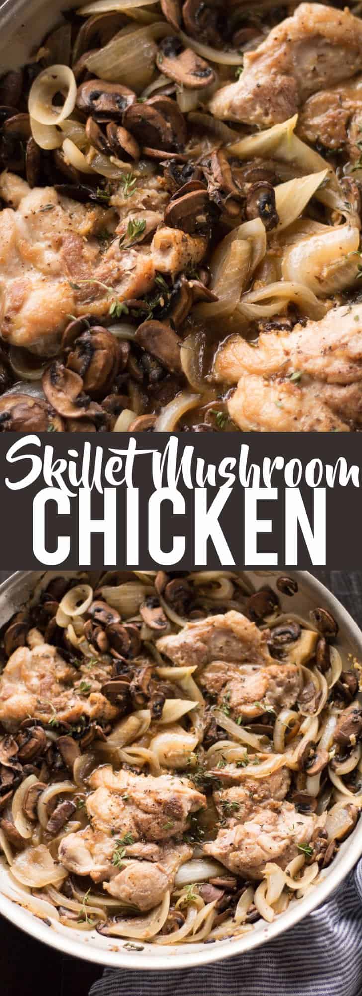 Skillet Chicken and White wine Mushrooms is a fast and easy dinner recipe. Juicy Chicken thighs with a white wine mushroom sauce that has no cream!
