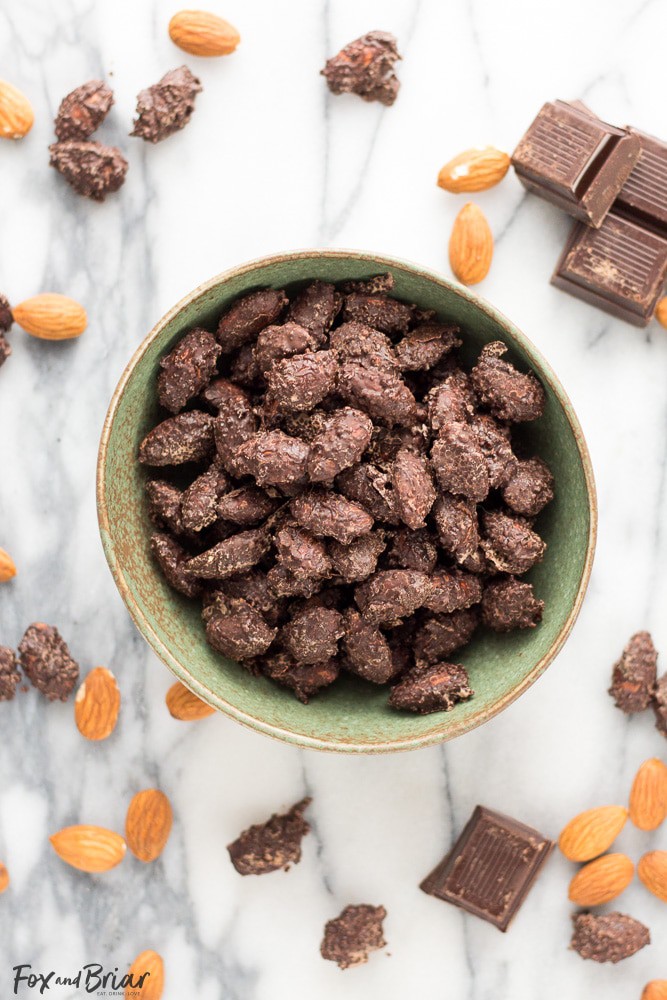 Dark Chocolate Almonds with Sea Salt and Turbinado Sugar just like Trader Joe's, but you can make them at home! Only four ingredients and a few minutes is all it takes to make these healthy and delicious treats.