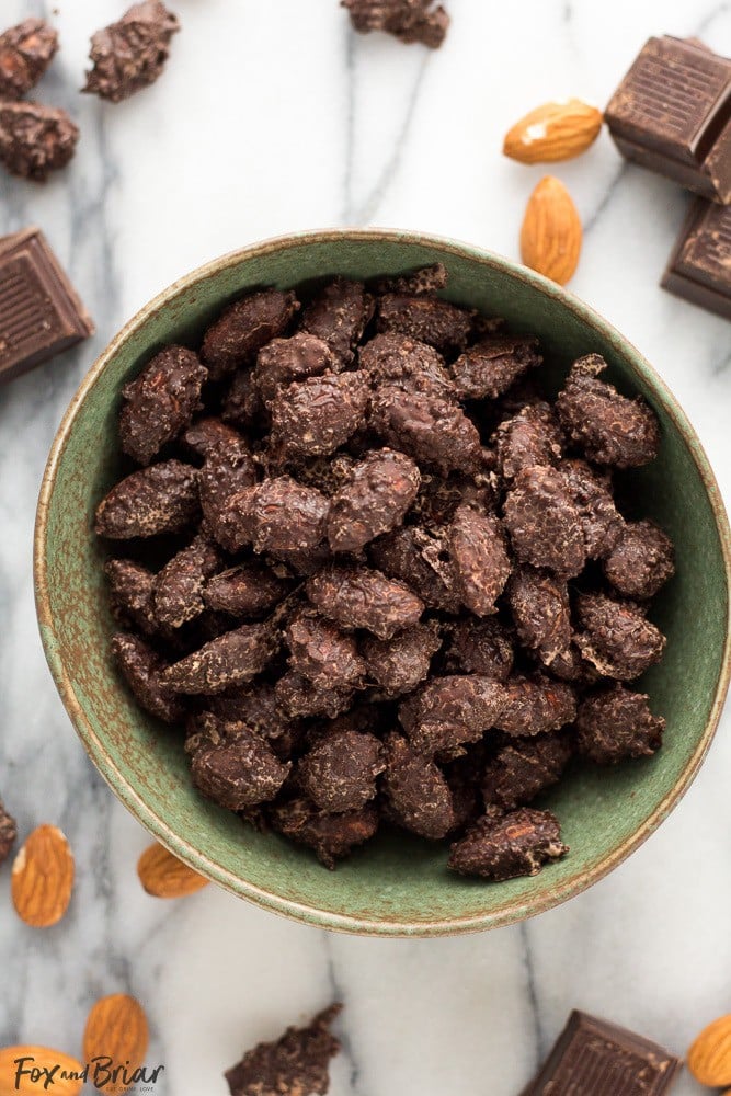 Dark Chocolate Almonds with Sea Salt and Turbinado Sugar just like Trader Joe's, but you can make them at home! Only four ingredients and a few minutes is all it takes to make these healthy and delicious treats.