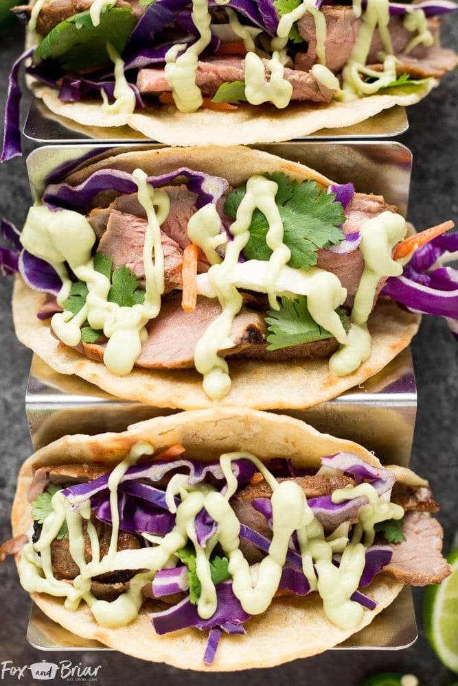 Honey Lime Steak Tacos with Avocado Crema 