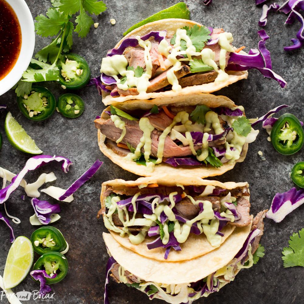 Honey Lime Steak Tacos With Avocado Crema Fox And Briar
