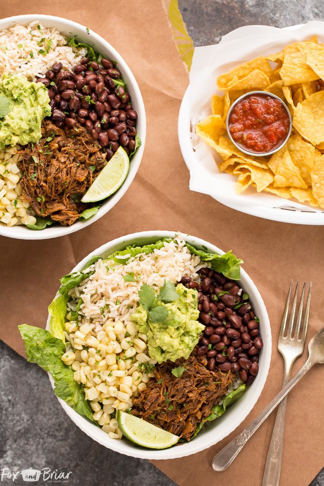 These Slow Cooker Beef Burrito Bowls are a delicious and easy make ahead meal. All ingredients can be prepared ahead of time and putting the burrito bowls together just takes a few minutes. Just like your favorite Chipotle burrito bowl, but better! Gluten free Dairy Free 