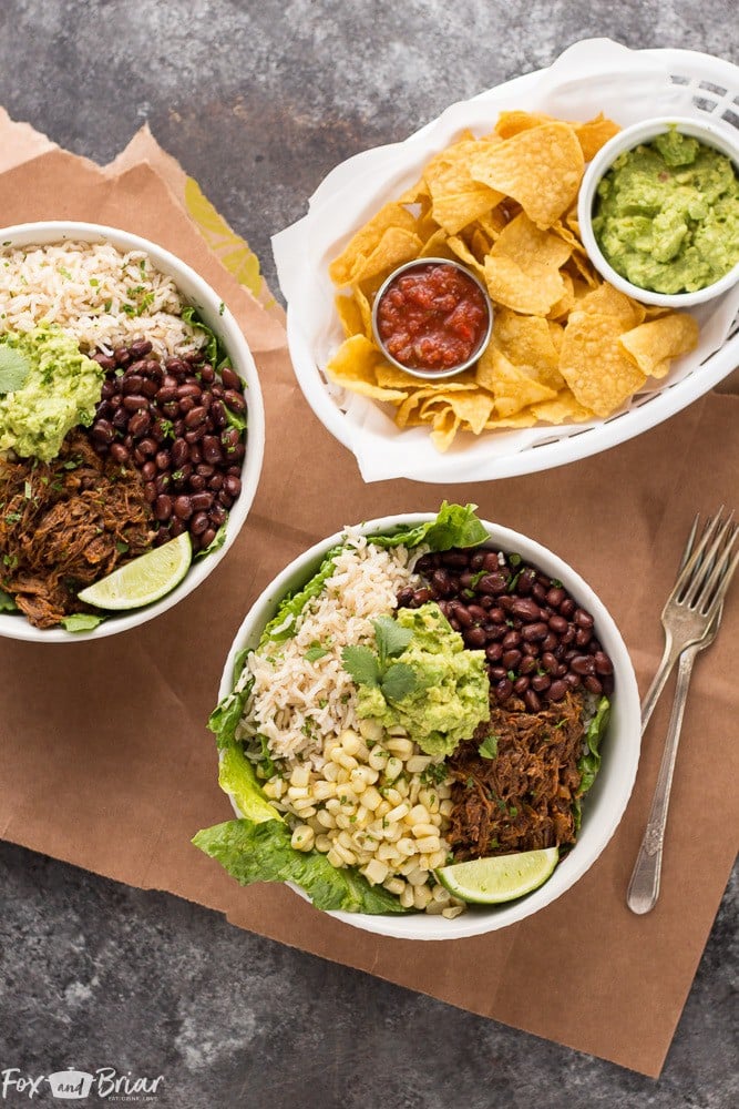 These Slow Cooker Beef Burrito Bowls are a delicious and easy make ahead meal. All ingredients can be prepared ahead of time and putting the burrito bowls together just takes a few minutes. Just like your favorite Chipotle burrito bowl, but better! Gluten free Dairy Free