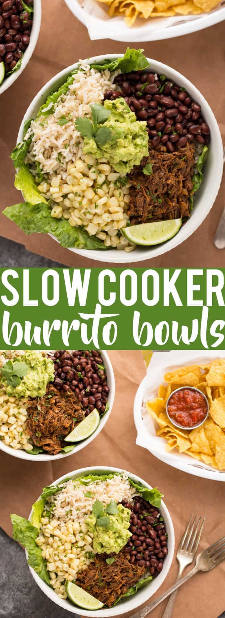 These Slow Cooker Beef Burrito Bowls are a delicious and easy make ahead meal. All ingredients can be prepared ahead of time and putting the burrito bowls together just takes a few minutes. Just like your favorite Chipotle burrito bowl, but better! Gluten free Dairy Free