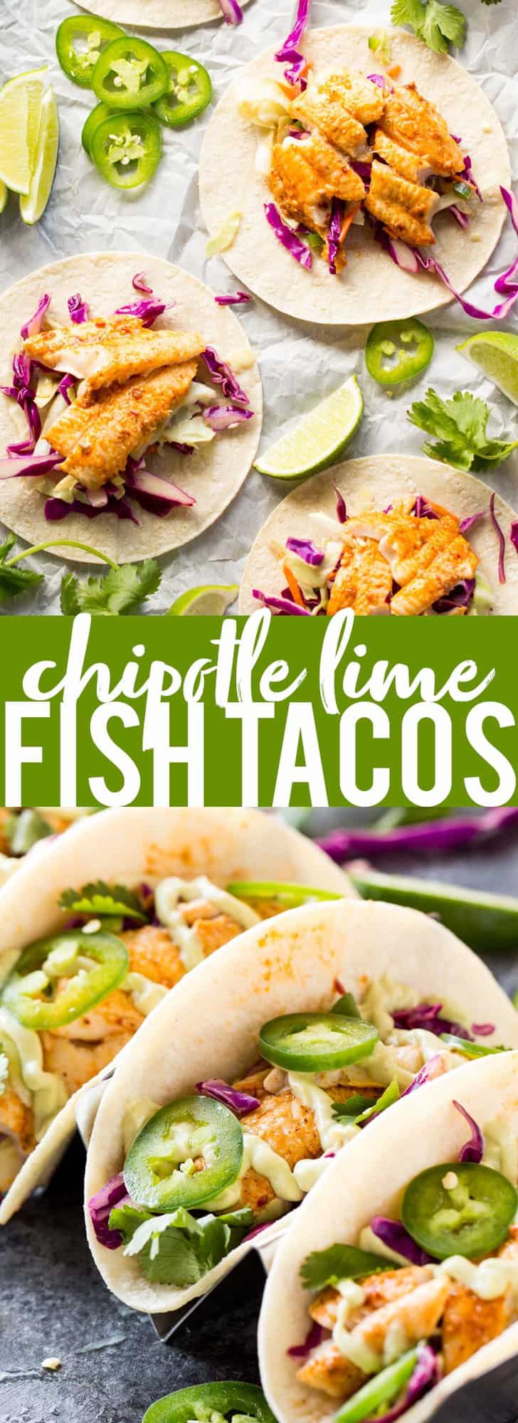 Chipotle Lime Fish Tacos with crunchy jalapeno lime slaw and creamy avocado crema are an easy and flavorful weeknight dinner! Taco Recipe | Baja Fish Tacos | Spicy Fish Tacos | Fish Recipes | Cinco De Mayo Recipes