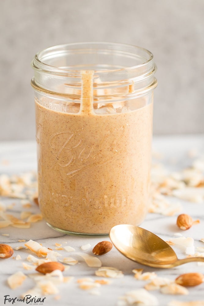 Toasted Coconut Almond Butter | Homemade Almond Butter | DIY Almond Butter | Sugar Free Snack | Whole 30 Snack | Paleo Snack | Paleo Recipe | Whole 30 Recipe | Healthy Snack Recipe