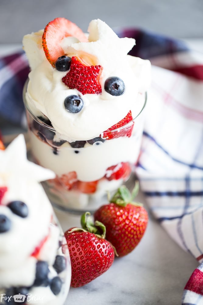 These Red, White, and Blue Trifles are an easy and delicious dessert for Fourth of July, Memorial Day, Labor Day or any Summer BBQ! | Red white and blue dessert | fourth of July dessert | Labor day dessert | Summer Dessert | Dessert Recipe for BBQ | 4th of July