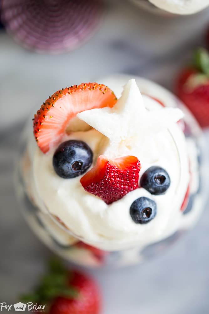 These Red, White, and Blue Trifles are an easy and delicious dessert for Fourth of July, Memorial Day, Labor Day or any Summer BBQ! | Red white and blue dessert | fourth of July dessert | Labor day dessert | Summer Dessert | Dessert Recipe for BBQ | 4th of July