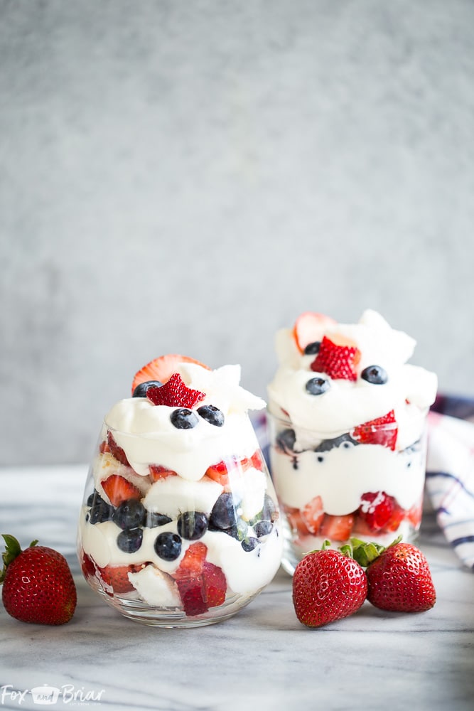 These Red, White, and Blue Trifles are an easy and delicious dessert for Fourth of July, Memorial Day, Labor Day or any Summer BBQ! | Red white and blue dessert | fourth of July dessert | Labor day dessert | Summer Dessert | Dessert Recipe for BBQ | 4th of July
