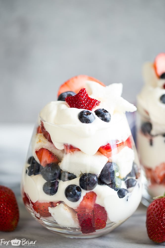 These Red, White, and Blue Trifles are an easy and delicious dessert for Fourth of July, Memorial Day, Labor Day or any Summer BBQ! | Red white and blue dessert | fourth of July dessert | Labor day dessert | Summer Dessert | Dessert Recipe for BBQ | 4th of July