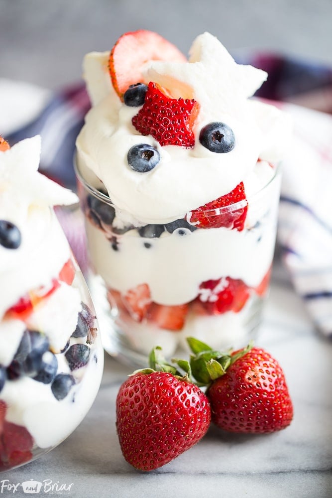 These Red, White, and Blue Trifles are an easy and delicious dessert for Fourth of July, Memorial Day, Labor Day or any Summer BBQ! | Red white and blue dessert | fourth of July dessert | Labor day dessert | Summer Dessert | Dessert Recipe for BBQ | 4th of July