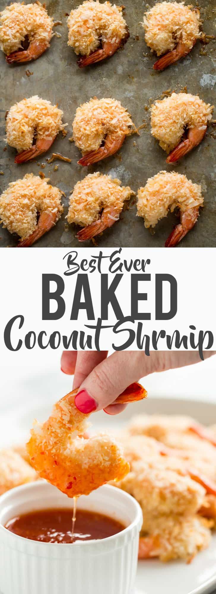 These Baked Coconut Shrimp are golden, crispy and full of flavor. You won't even need a dipping sauce! These are the BEST baked coconut shrimp I have ever made! | How to make coconut shrimp | Baked coconut shrimp | skinny coconut shrimp | 