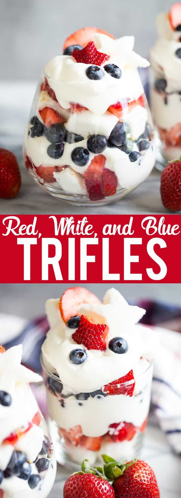 These Red, White, and Blue Trifles are an easy and delicious dessert for Fourth of July, Memorial Day, Labor Day or any Summer BBQ! | Red white and blue dessert | fourth of July dessert | Labor day dessert | Summer Dessert | Dessert Recipe for BBQ | 4th of July