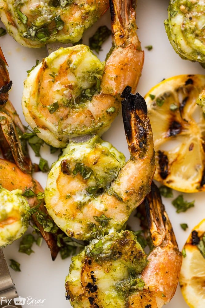 These Easy Pesto Grilled Shrimp make a quick appetizer or dinner perfect for any summer evening. Grilling recipes | Easy grilling recipe | Low Carb Grilled recipes | Quick dinner | Healthy Dinner | Shrimp Recipes