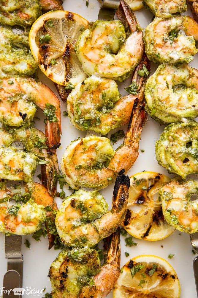 These Easy Pesto Grilled Shrimp make a quick appetizer or dinner perfect for any summer evening. Grilling recipes | Easy grilling recipe | Low Carb Grilled recipes | Quick dinner | Healthy Dinner | Shrimp Recipes