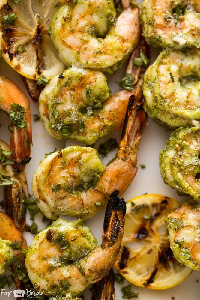 These Easy Pesto Grilled Shrimp make a quick appetizer or dinner perfect for any summer evening. Grilling recipes | Easy grilling recipe | Low Carb Grilled recipes | Quick dinner | Healthy Dinner | Shrimp Recipes