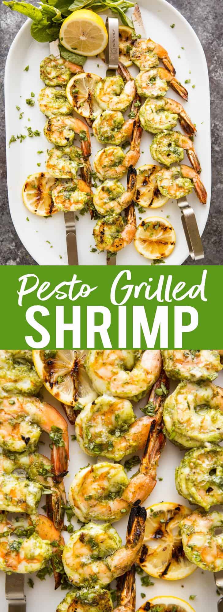 These Easy Pesto Grilled Shrimp make a quick appetizer or dinner perfect for any summer evening. Grilling recipes | Easy grilling recipe | Low Carb Grilled recipes | Quick dinner | Healthy Dinner | Shrimp Recipes