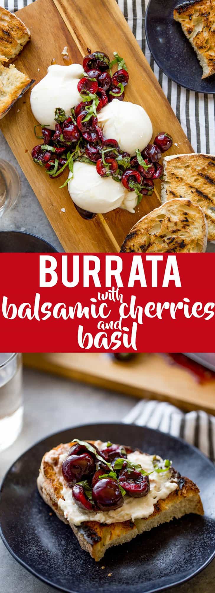 This Burrata with Balsamic Cherries and Basil the ultimate summer appetizer! Creamy, fresh burrata paired with juicy cherries and fragrant basil uses summer produce at its best, and no cooking required! Summer appetizers | Cherry Recipes | basil Recipes | burrata Recipes | party appetizers