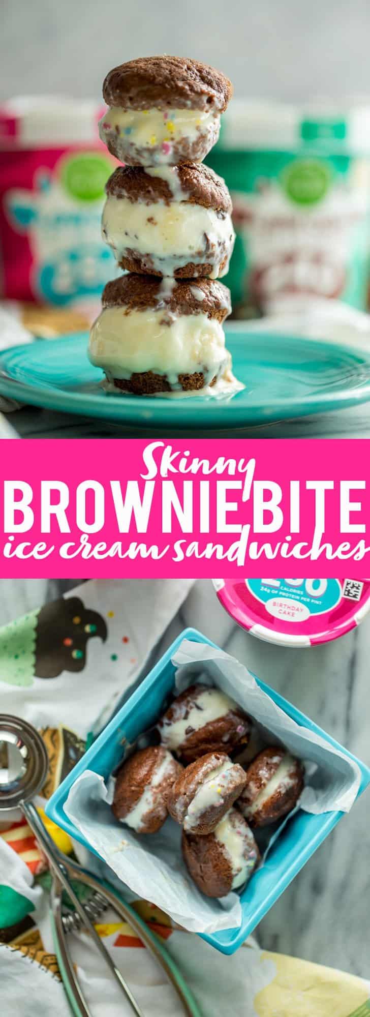 These Skinny Brownie Bite Ice Cream Sandwiches are a bite sized treat that won't break your calorie budget. They use luscious low calorie ice cream and low fat mini brownie bites, but you won't even be able to tell they are low in calories! |low fat dessert | Low calorie dessert | Skinny dessert | Weight Watchers Dessert | Ice Cream Sandwiches | Brownie Bites #ad #LowCow
