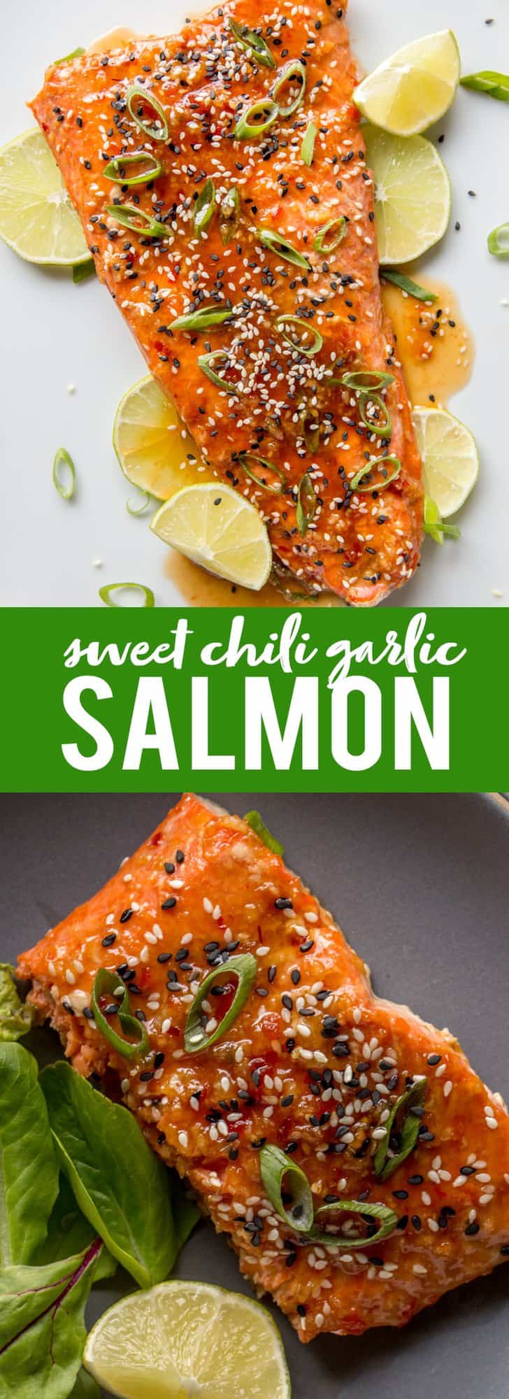 This Baked Sweet Chili Garlic Salmon will be your favorite way to eat salmon! This quick and easy salmon recipe only takes 20 minutes and is packed with sweet, tangy and spicy Asian flavors that will become a family dinner favorite. |Easy dinner recipe | 20 minute dinner | Quick Dinner Recipe | Salmon Recipe | Fish Recipe | Asian Salmon 