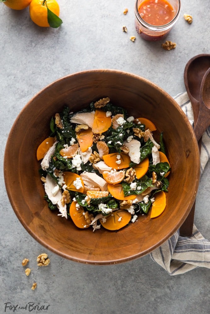 This Citrus Kale Salad with Blood Orange Vinaigrette is a healthy and refreshing winter detox salad. After an indulgent holiday, this is a great way to use up leftover turkey or chicken and get some much needed nutrients between all the crazy holiday eating! Blood orange vinegrette recipe | Leftover turkey recipes | Persimmon recipes | detox salad | Winter Salad recipe | Healthy winter recipe | leftover chicken recipe | recipe to use rotisserie chicken