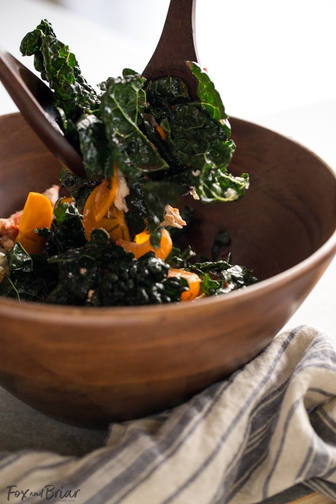 This Citrus Kale Salad with Blood Orange Vinaigrette is a healthy and refreshing winter detox salad. After an indulgent holiday, this is a great way to use up leftover turkey or chicken and get some much needed nutrients between all the crazy holiday eating! Blood orange vinegrette recipe | Leftover turkey recipes | Persimmon recipes | detox salad | Winter Salad recipe | Healthy winter recipe | leftover chicken recipe | recipe to use rotisserie chicken