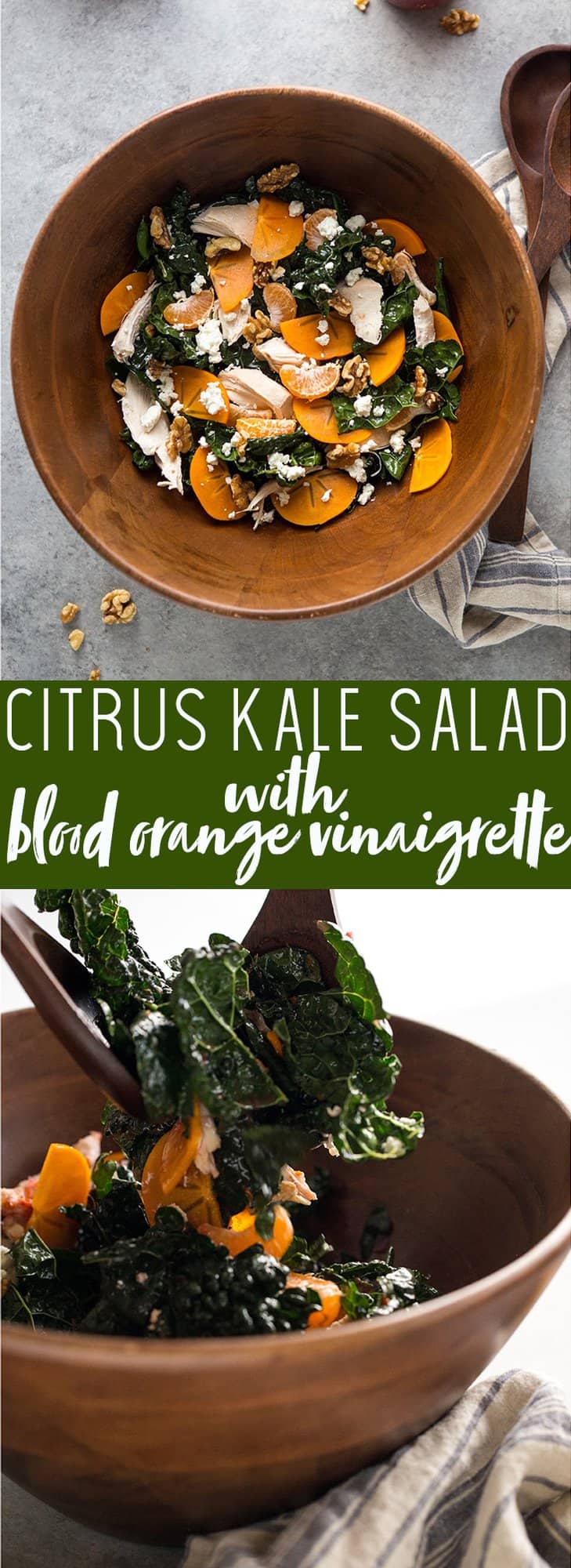 This Citrus Kale Salad with Blood Orange Vinaigrette is a healthy and refreshing winter detox salad. After an indulgent holiday, this is a great way to use up leftover turkey or chicken and get some much needed nutrients between all the crazy holiday eating! Blood orange vinegrette recipe | Leftover turkey recipes | Persimmon recipes | detox salad | Winter Salad recipe | Healthy winter recipe | leftover chicken recipe | recipe to use rotisserie chicken