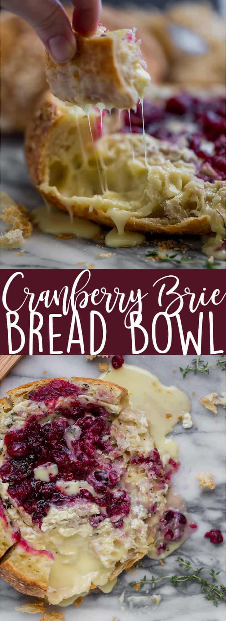 This Tear Apart Baked Cranberry Brie Bread Bowl is a beautiful holiday party appetizer. Melty brie and sweet tart cranberry sauce are a match made in heaven! | Baked Brie | Bloomin' Brie Bread Bowl | Holiday baked brie | Brie and cranberry appetizer | Christmas Appetizer | Thanksgiving Appetizer | New Years Appetizer | Appetizer for parties | Baked Brie Dip in bread 