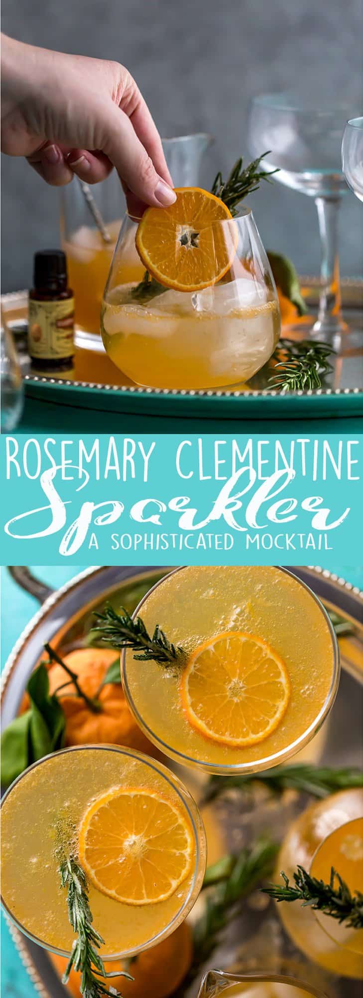 This non-alcoholic Rosemary Clementine Sparkler is a sophisticated mocktail perfect for the holidays. Non-Alcoholic Recipes | Pregnancy drinks | Drinks for teens | Baby Shower drinks | Dry January | Winter Mocktail | Non-alcoholic party drink | Sparkling mocktail | New Years Mocktail 