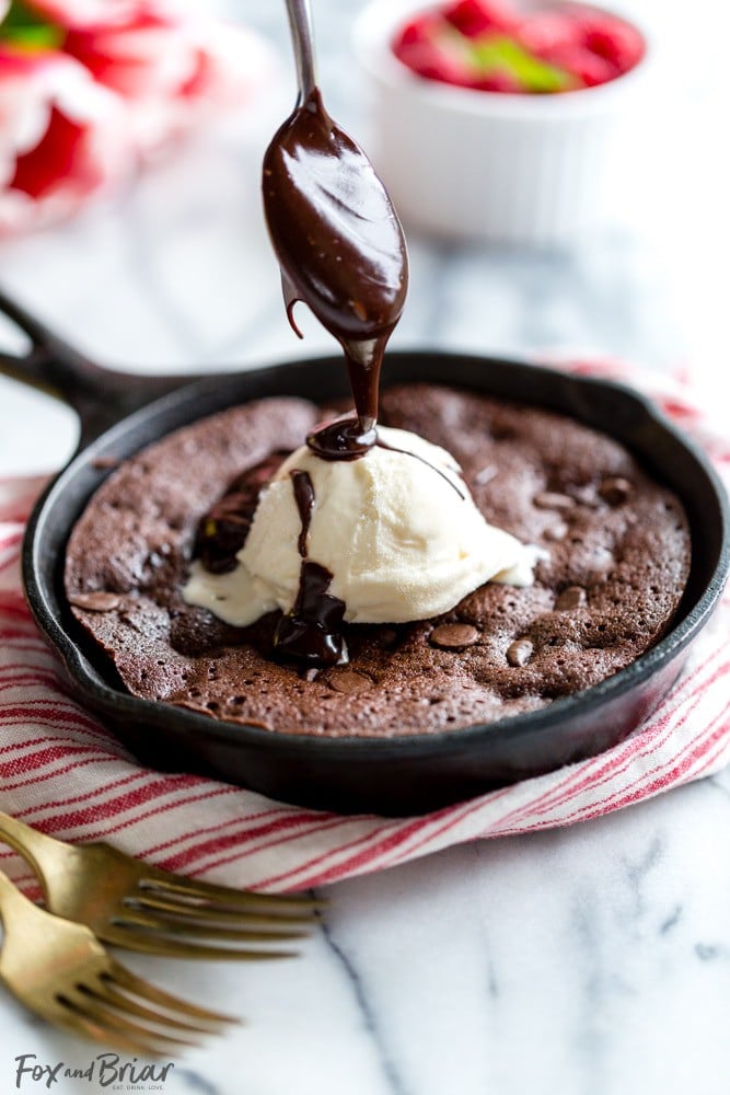 Raspberry Swirl Brownie Sundae for Two. It's the best small batch fudgy brownie for two ever! Small batch brownie for two | Skillet brownie | Brownie Sundae | Brownie Sunday | Valentine's Day Dessert for Two | One bowl brownies for two | Easy Valentine's Dessert | Easy Skillet Brownie Recipe for Two | Small Batch Baking | best fudgy brownie 