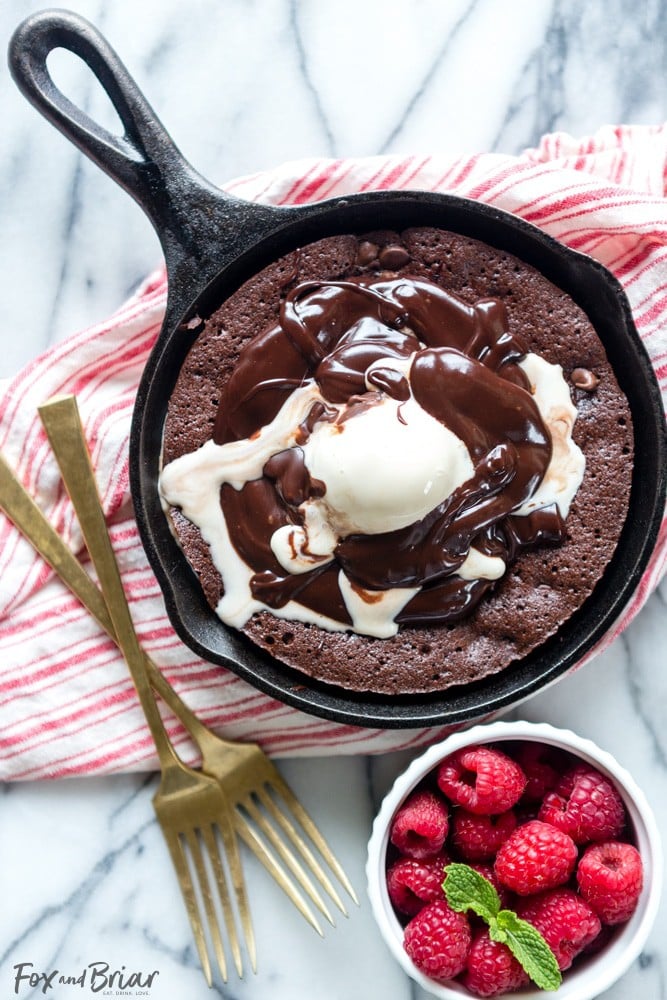 Raspberry Swirl Brownie Sundae for Two. It's the best small batch fudgy brownie for two ever! Small batch brownie for two | Skillet brownie | Brownie Sundae | Brownie Sunday | Valentine's Day Dessert for Two | One bowl brownies for two | Easy Valentine's Dessert | Easy Skillet Brownie Recipe for Two | Small Batch Baking | best fudgy brownie 