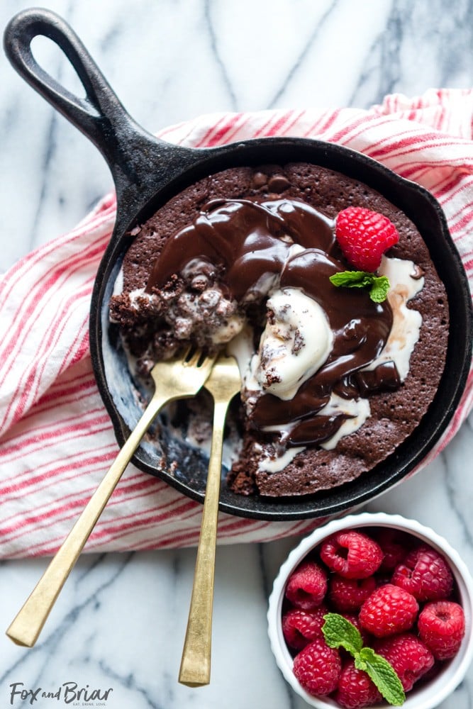 Raspberry Swirl Brownie Sundae for Two. It's the best small batch fudgy brownie for two ever! Small batch brownie for two | Skillet brownie | Brownie Sundae | Brownie Sunday | Valentine's Day Dessert for Two | One bowl brownies for two | Easy Valentine's Dessert | Easy Skillet Brownie Recipe for Two | Small Batch Baking | best fudgy brownie 