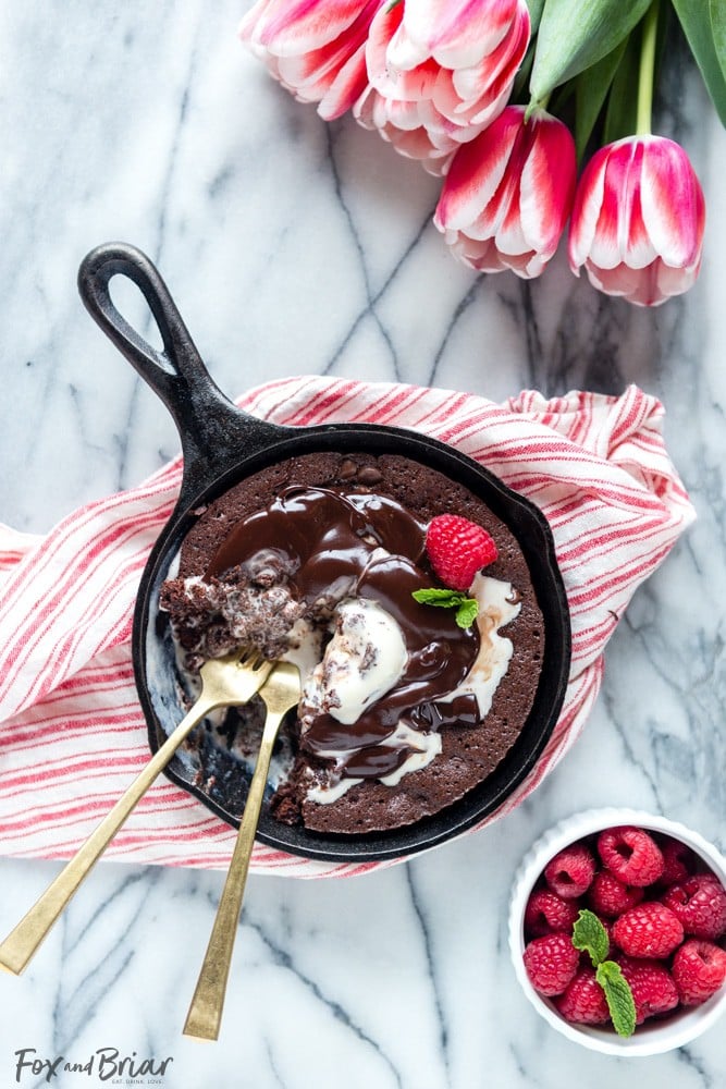 Raspberry Swirl Brownie Sundae for Two. It's the best small batch fudgy brownie for two ever! Small batch brownie for two | Skillet brownie | Brownie Sundae | Brownie Sunday | Valentine's Day Dessert for Two | One bowl brownies for two | Easy Valentine's Dessert | Easy Skillet Brownie Recipe for Two | Small Batch Baking | best fudgy brownie 